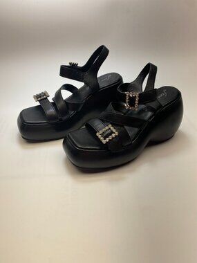 Free People Womens Brooklyn Ankle Strap Platform Black Wedge Sandal Sz 7.5